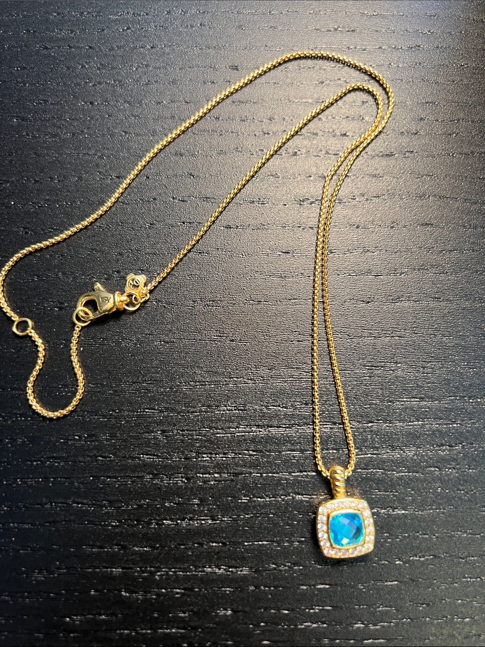 Gold Chain Necklace with Blue Cushion Pendant